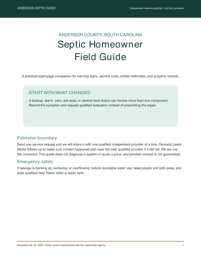 Actual cover page of the Anderson Septic Guide homeowner field guide
