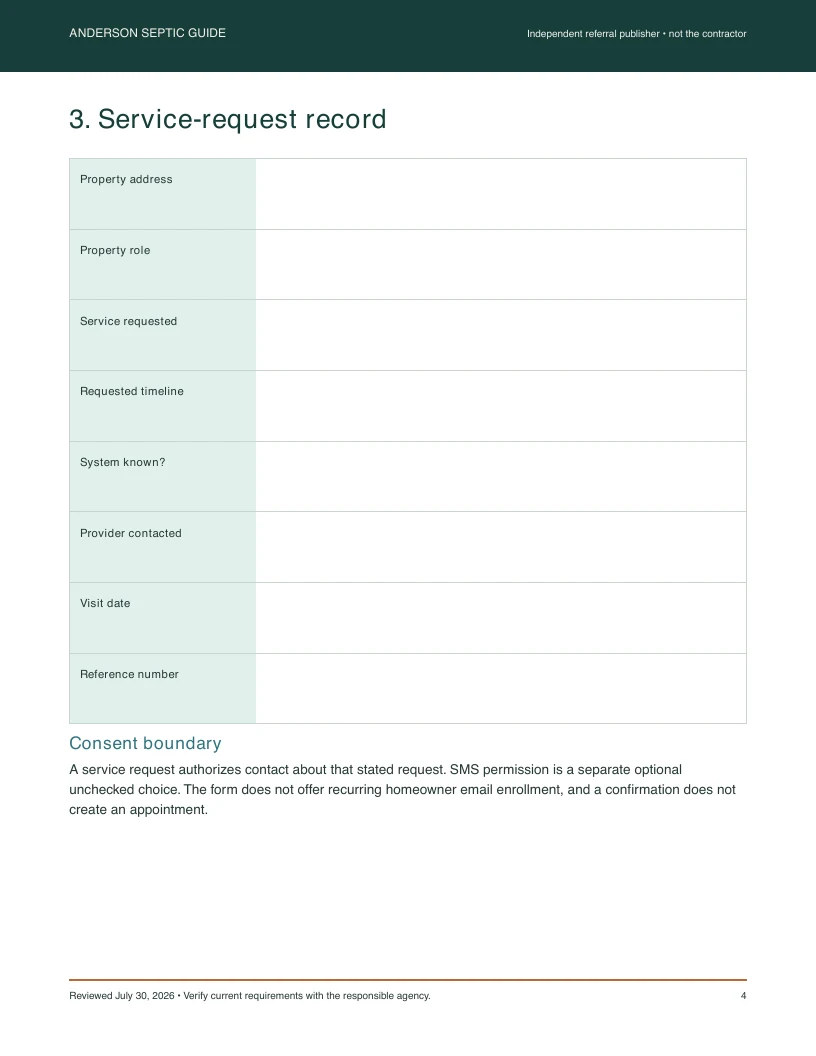 Actual service-request worksheet page from the septic field guide